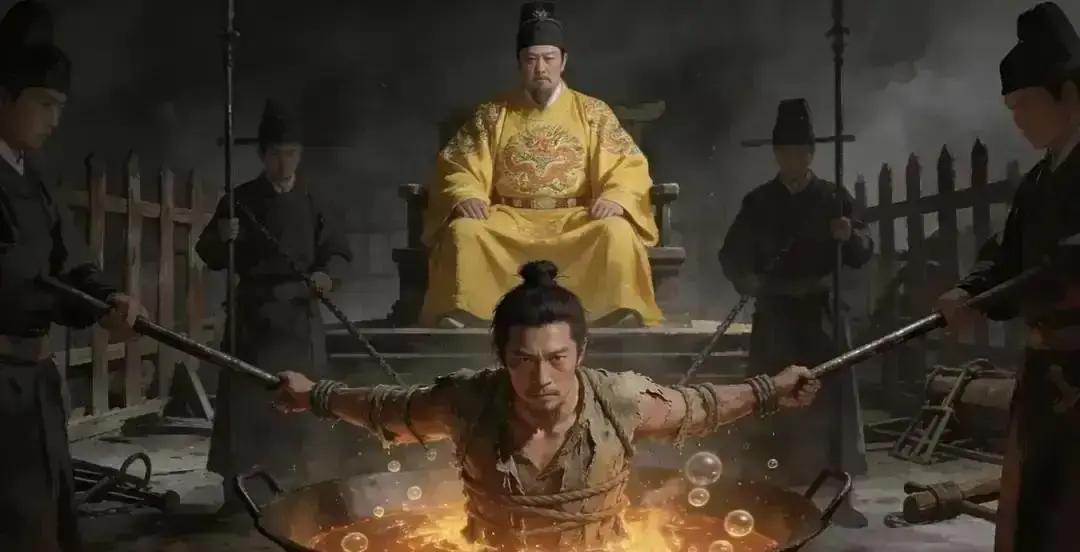 1402年，37岁的兵部尚书铁铉被朱棣投入滚油之中，太监们持铁棒试图翻转他焦黑的