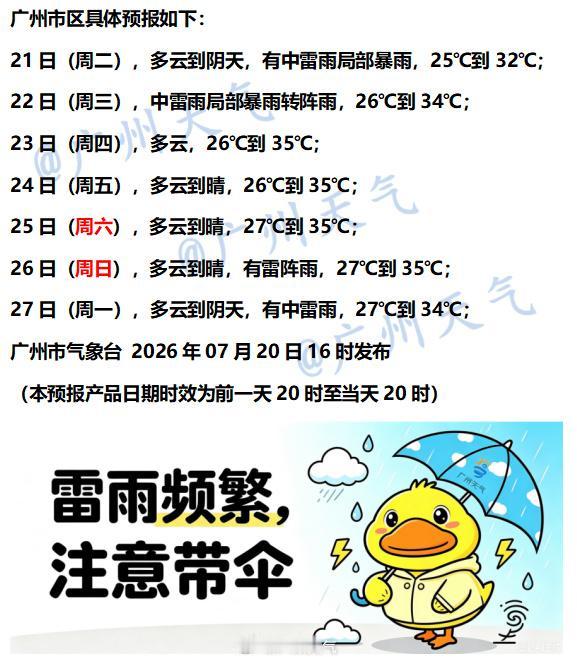 【广州未来七天（7月21日～7月27日）天气概览】广州地区未来两天雷雨依然频繁，