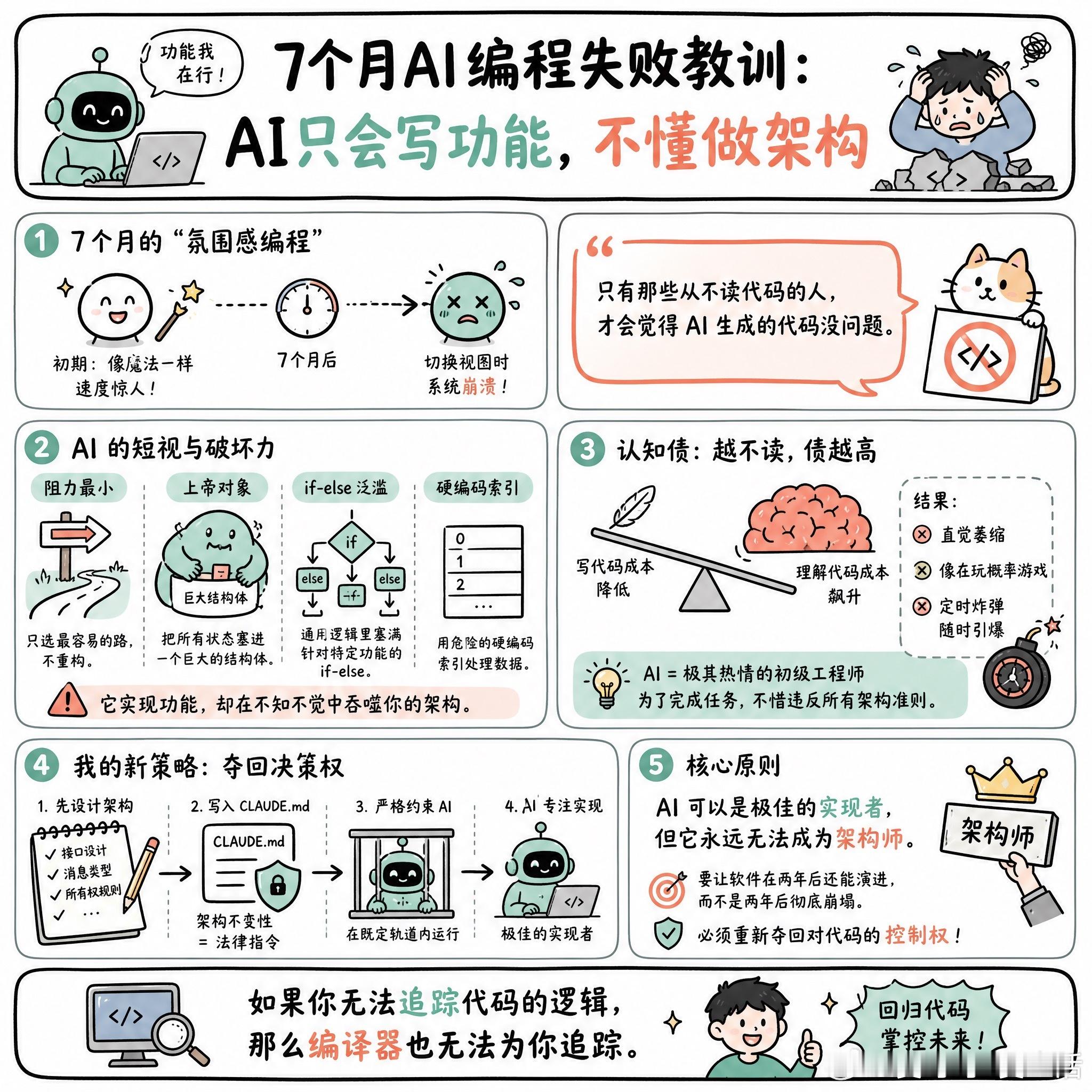 【7个月AI编程失败教训：AI只会写功能，不懂做架构】快速阅读：作者通过七个月“