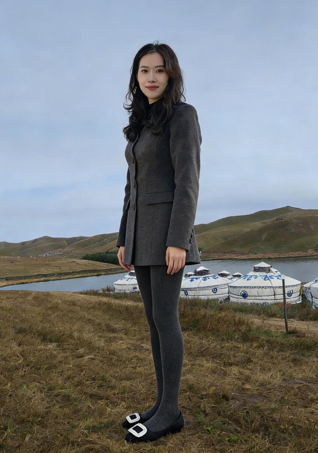 灰色西装是职场驰骋的铠甲穿在草原的风里，显得有些格格不入高跟鞋叩击着草地，敲