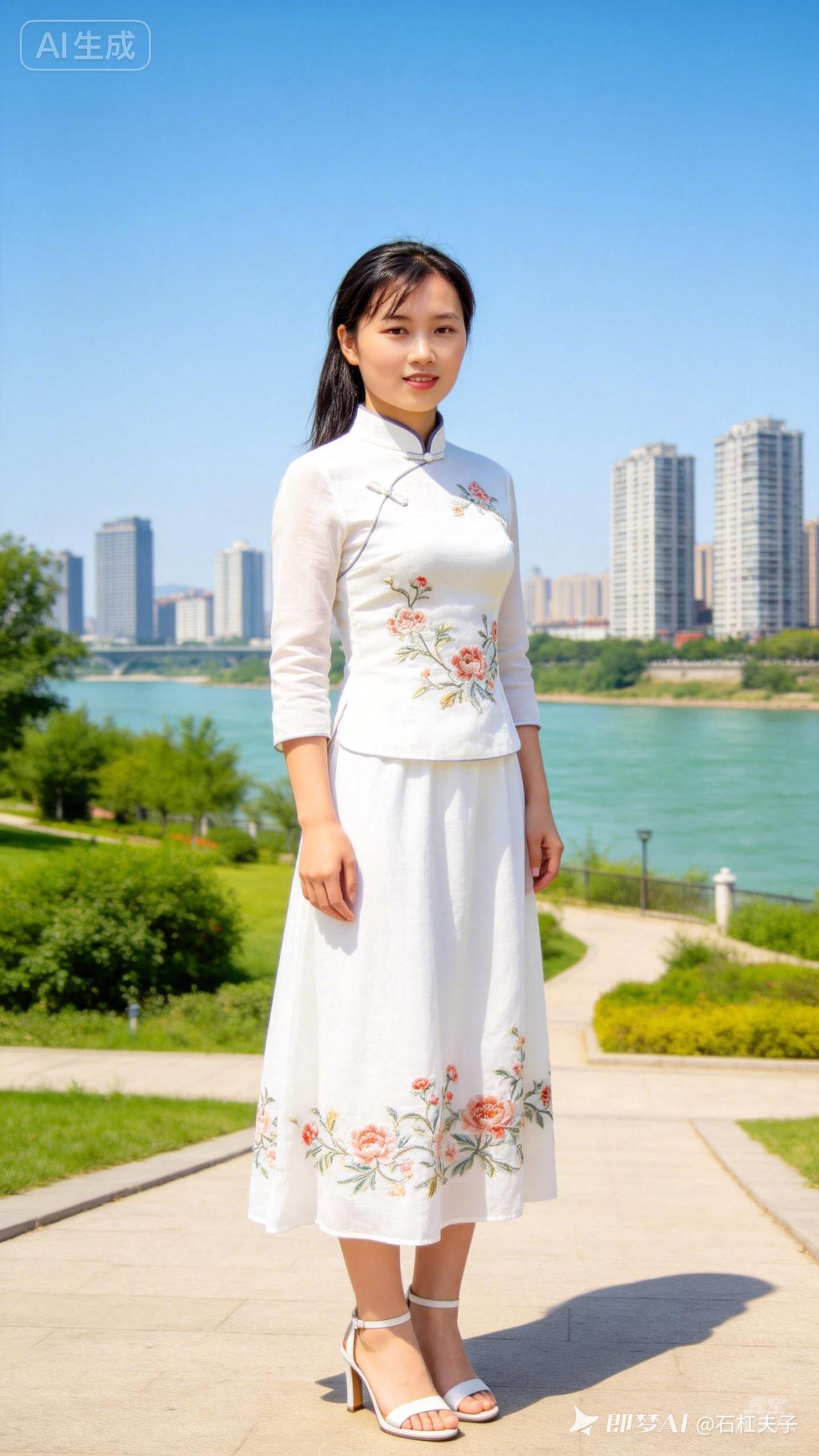 夏日清新穿搭，白色连衣裙搭配凉鞋，漫步河畔，享受美好时光。