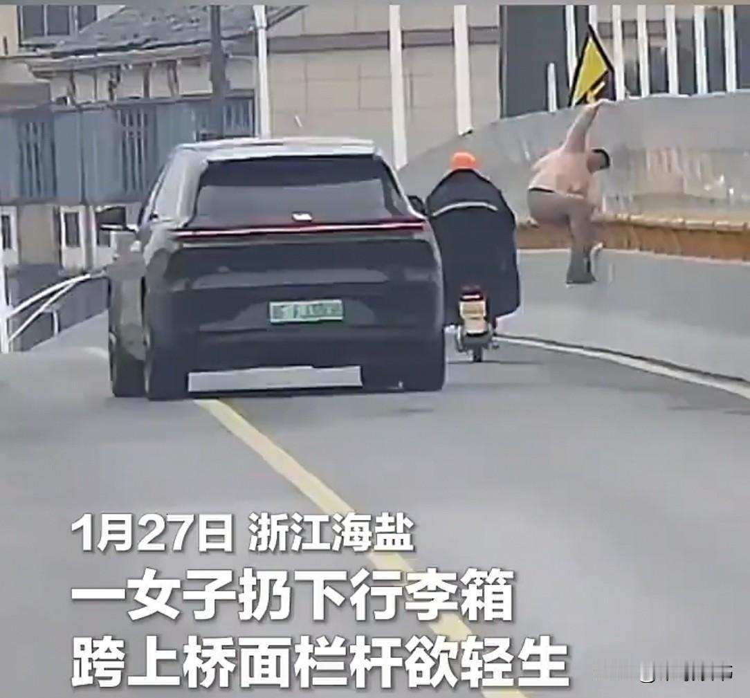 浙江海盐大桥边，路人刚要上桥，就见一女子翻上栏杆想轻生。这时，一辆电瓶车和轿车驶