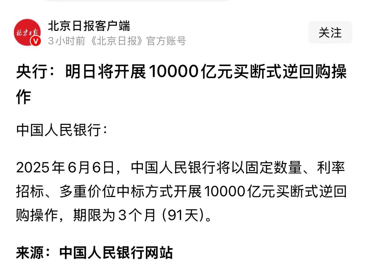 央行：将于6月6日进行10000亿元买断式逆回购操作，期限为3个月（91天）。
