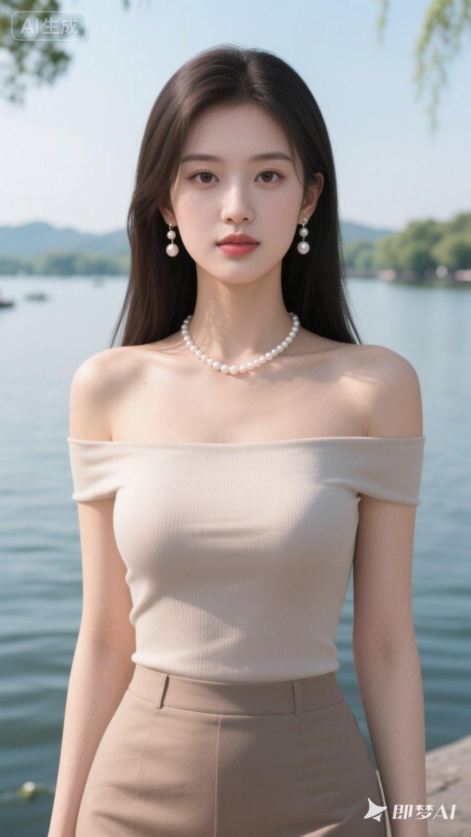 这位小姐姐在湖边拍照呢。