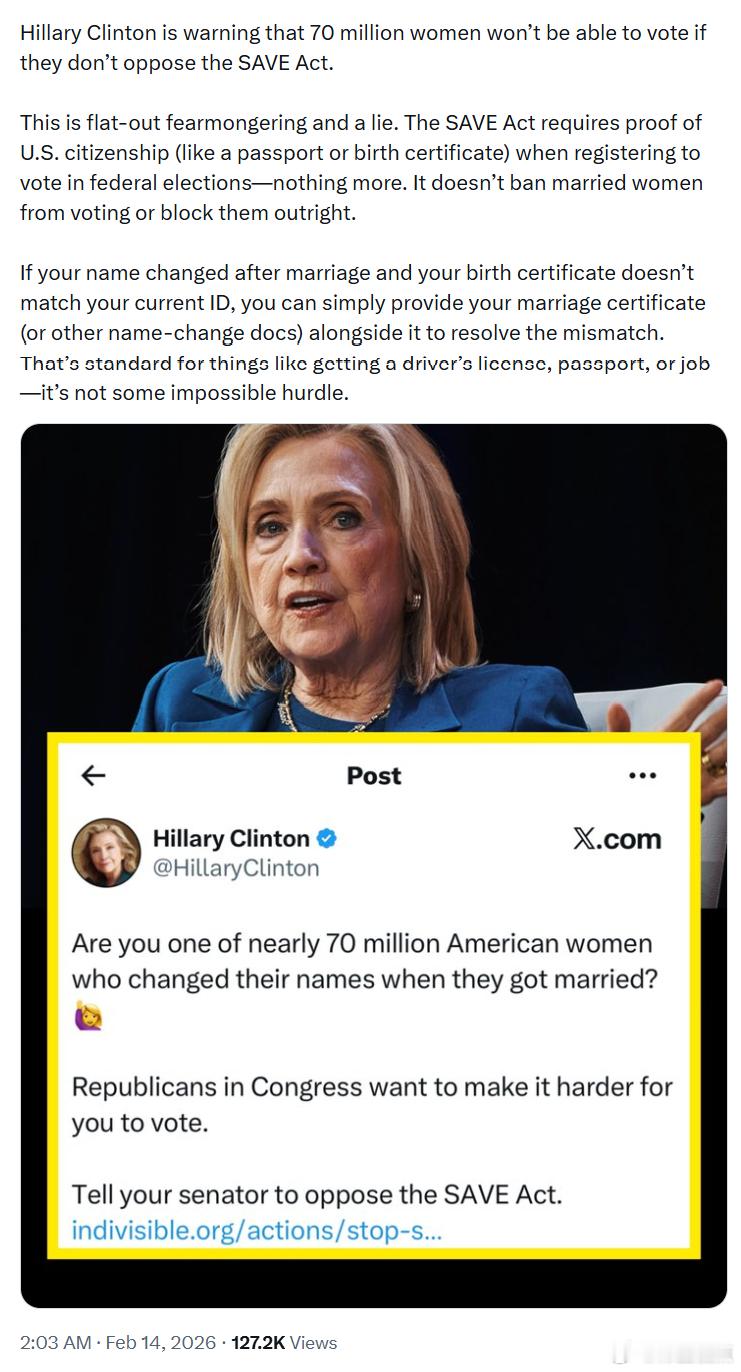 希拉里·克林顿警告称，如果女性不反对《拯救法案》，将有7000万女性无法投票。这