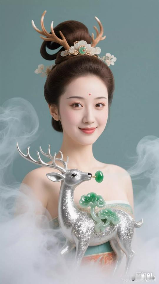 梦幻鹿仙子，仙气缭绕，唯美如画。张立启原创书画AI作品古仕女发髻集锦第328期集