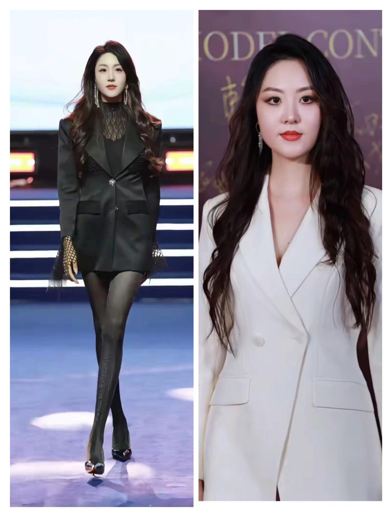 徐敏的性感太有杀伤力了！就说她在超模大赛上的黑西装蕾丝造型，一件西装裙制作花了1