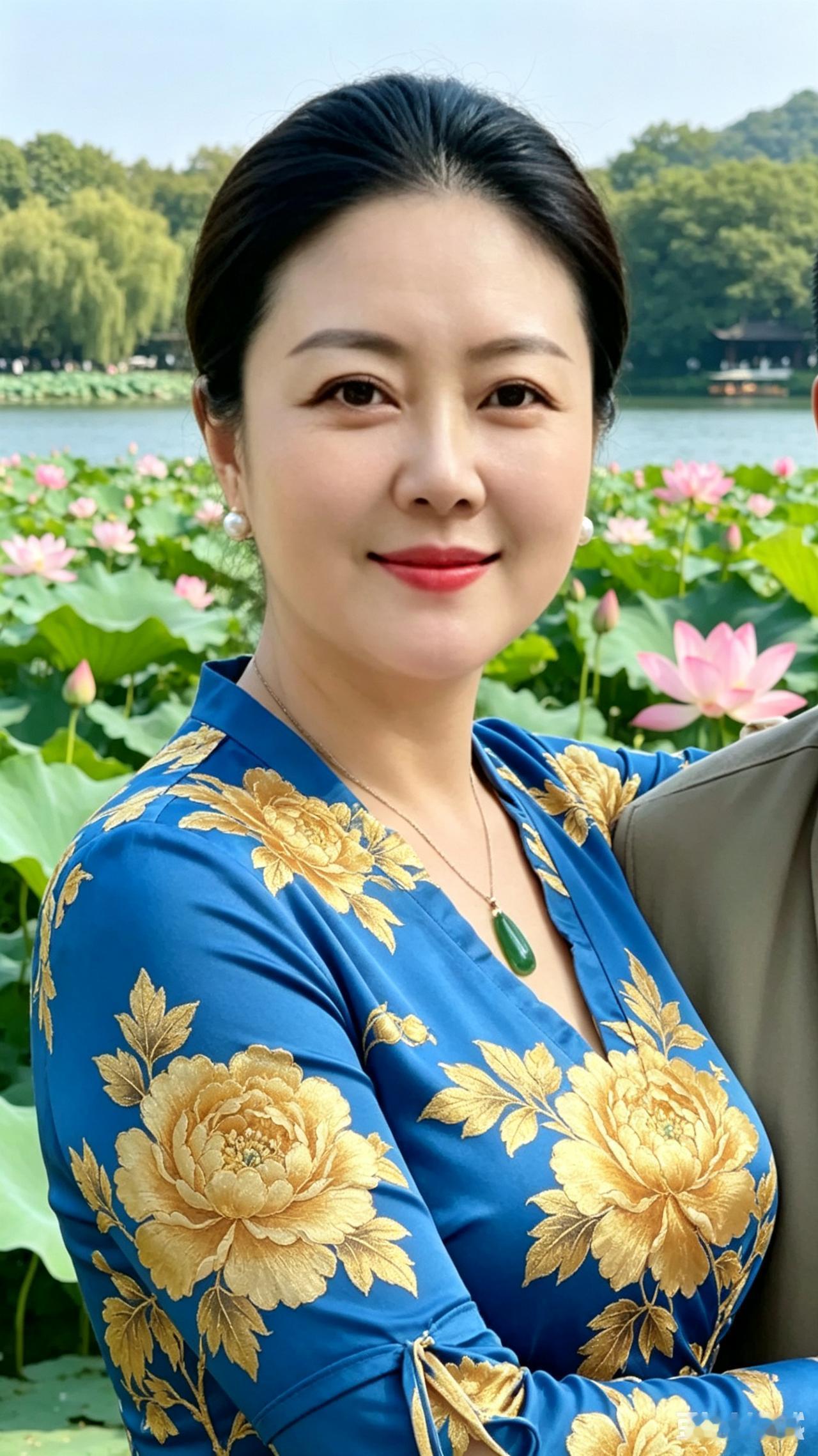 荷塘佳人满湖荷色映晴空，淡蓝衣间牡丹浓。翠玉随身添雅韵，西子湖畔沐清风。眉