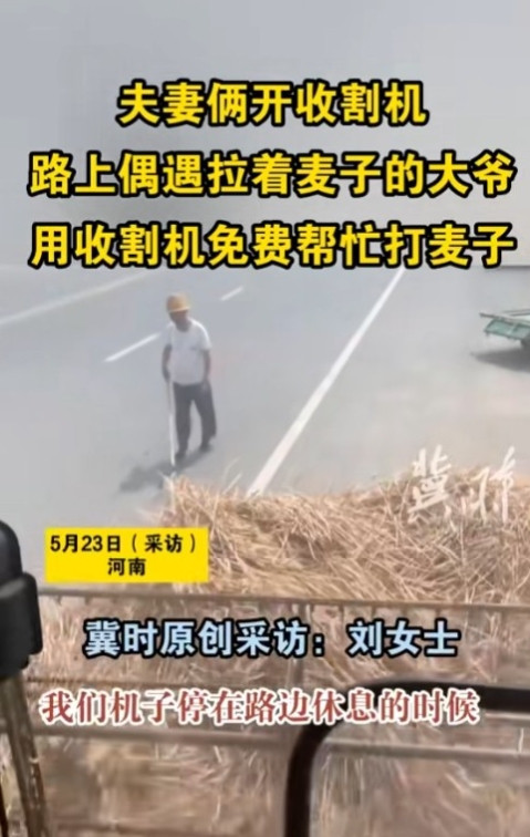 泪目！5月23日河南，一对夫妻刚开收割机收完麦子在路边休息，发现一位大爷在装手割