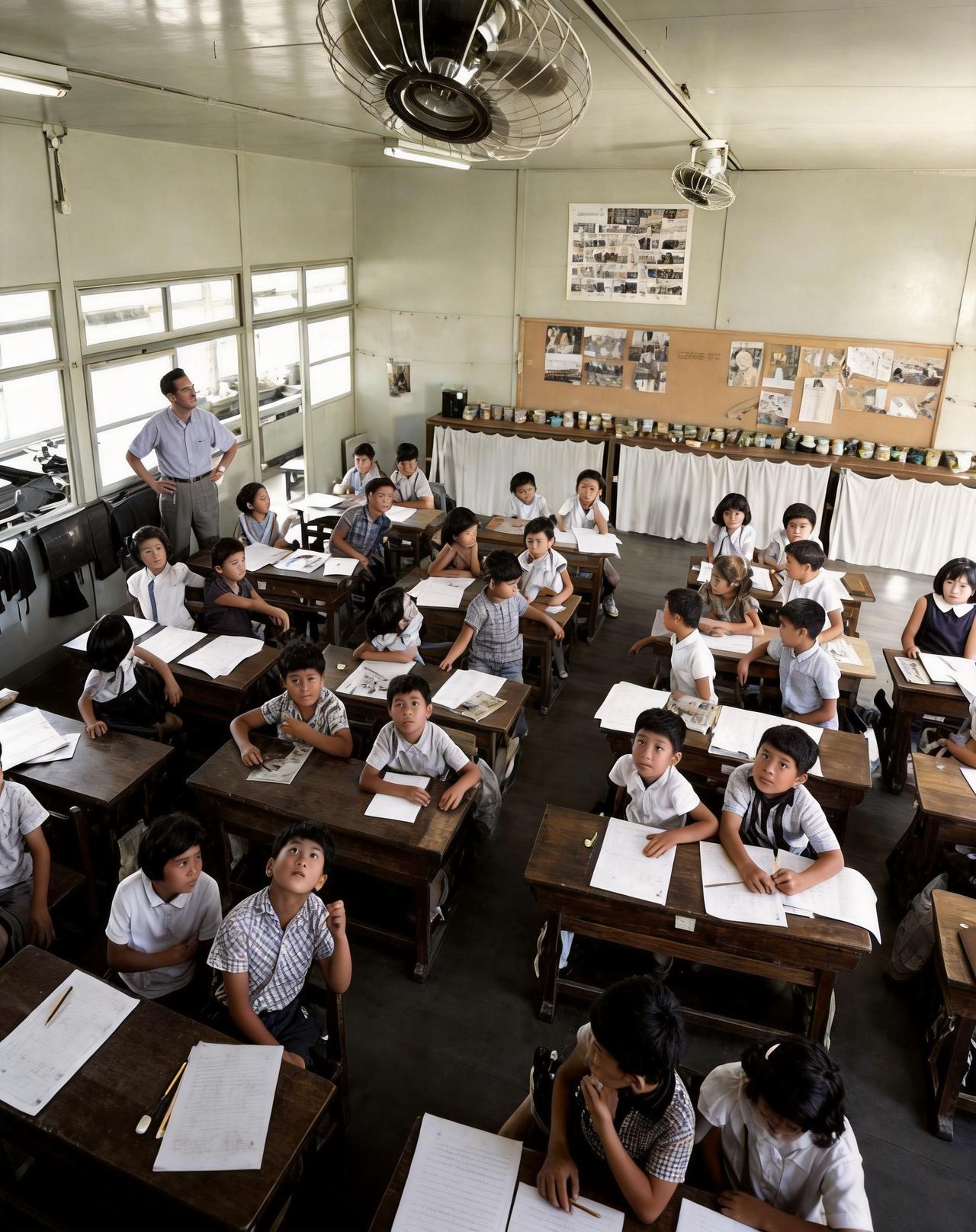 这是1967年日本小学教室刚刚安装上电风扇。小学生激动不已，仰面朝天看着转动的风