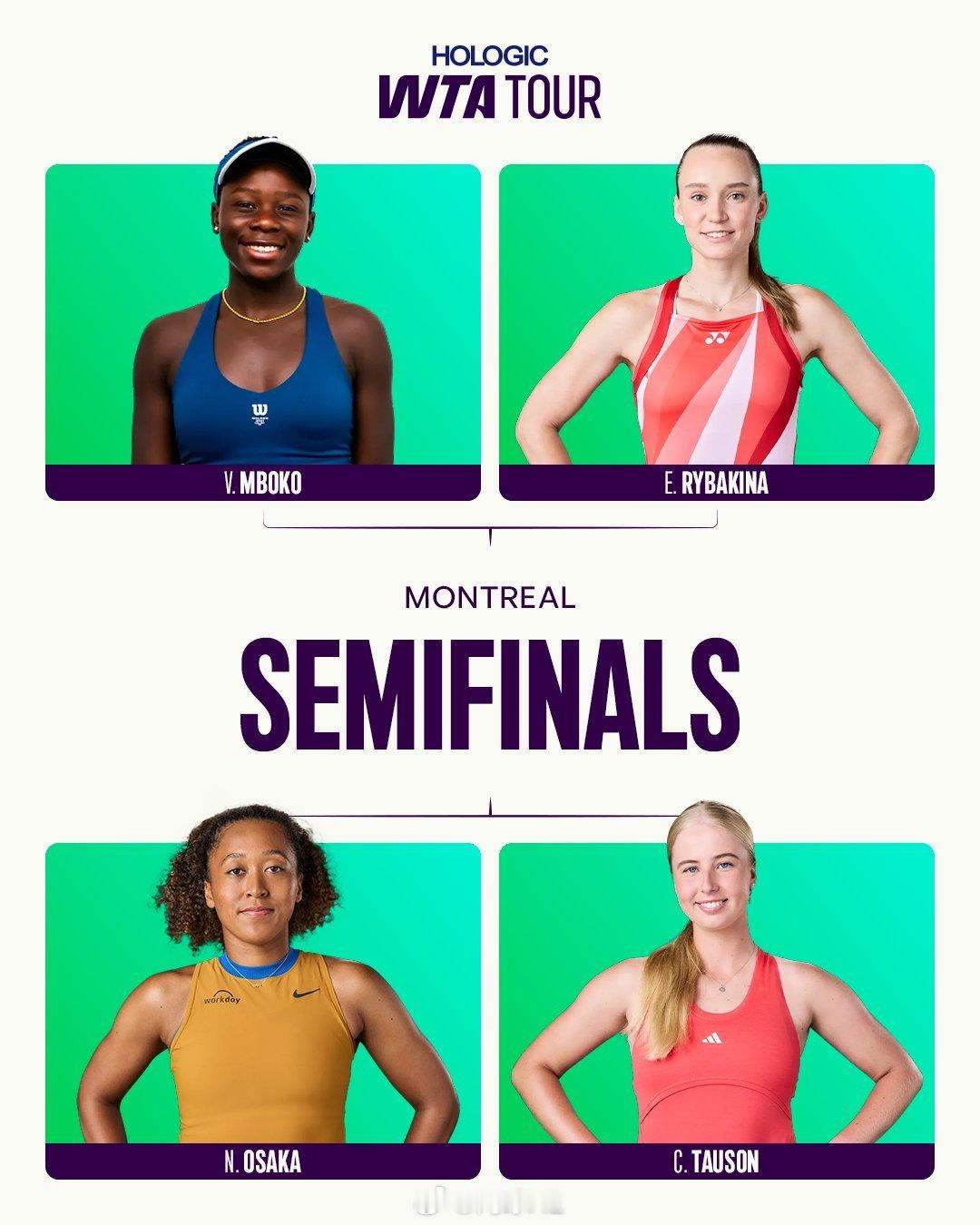 WTA蒙特利尔赛四强阵容姆博科vs[9]莱巴金娜大坂直美vs[1