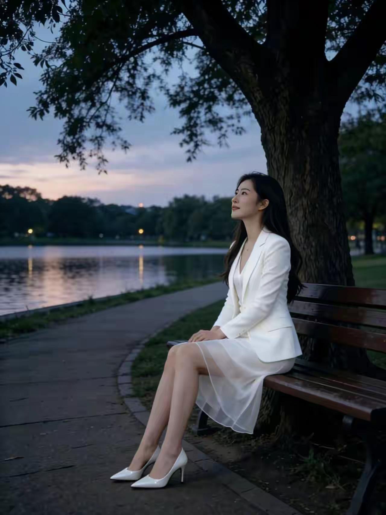 静坐湖畔思，白衣映水清。