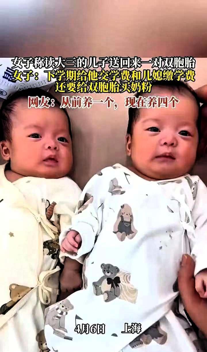 看懵了：4月6日，上海，一位母亲被读大三的儿子“空投”回家一对双胞胎。儿子