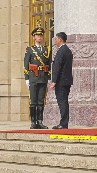 这是北京人民大会堂的仪仗礼仪兵。他们看起来个个都是身材高大，气宇轩昂的帅气军人