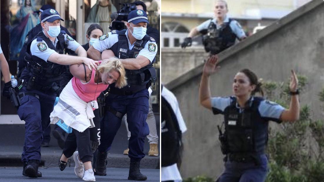 左图：澳大利亚警方在新冠疫情期间对待未戴口罩的公民态度强硬。右图：澳大利亚警方