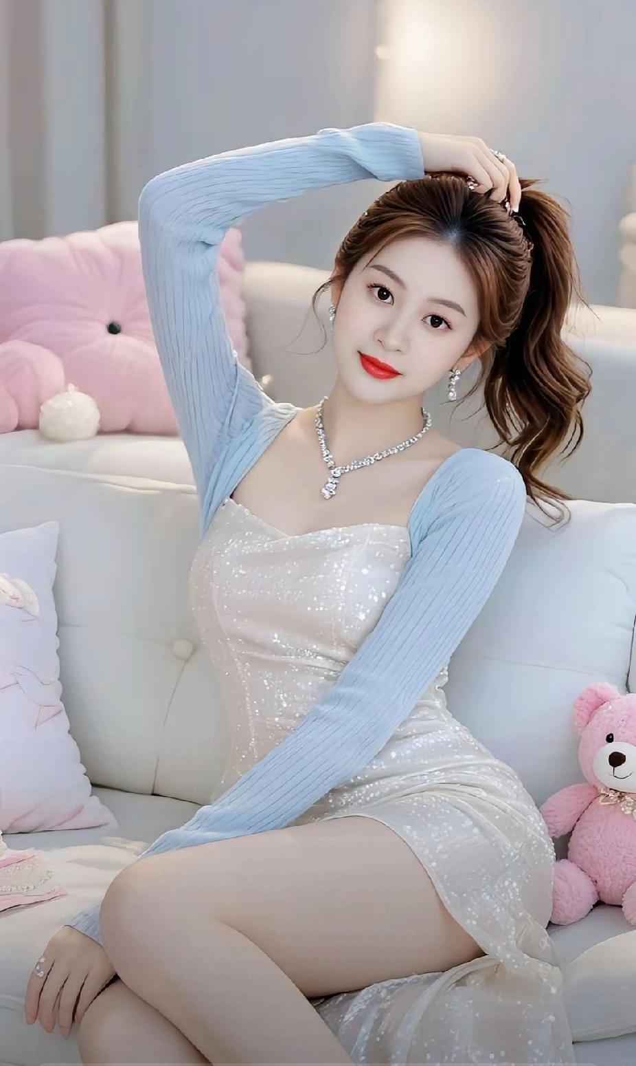 优雅气质，甜美少女心，粉色泰迪熊相伴，梦幻般的美人儿