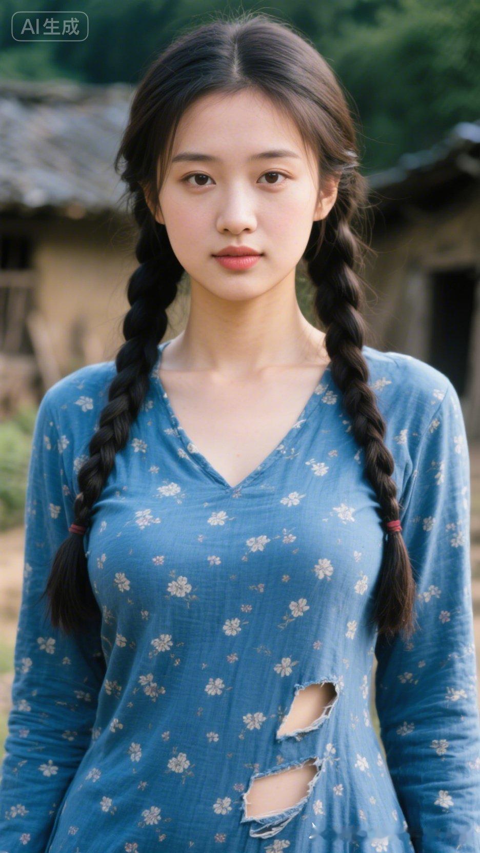 乡村少女，蓝花裙，自然纯美