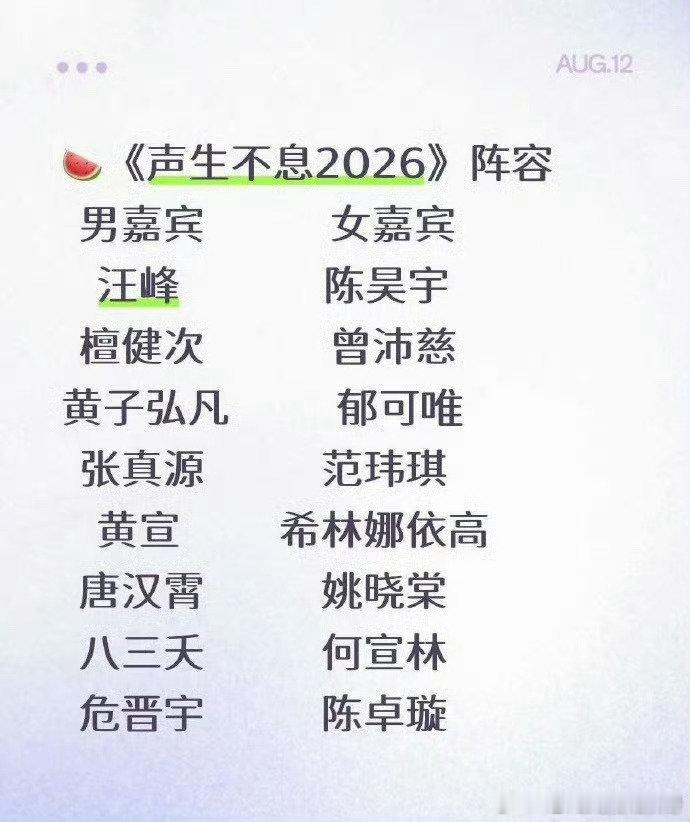 声生不息2026阵容，感觉怎么样？男嘉宾：汪峰，檀健次，黄子弘凡，张真源，黄宣，