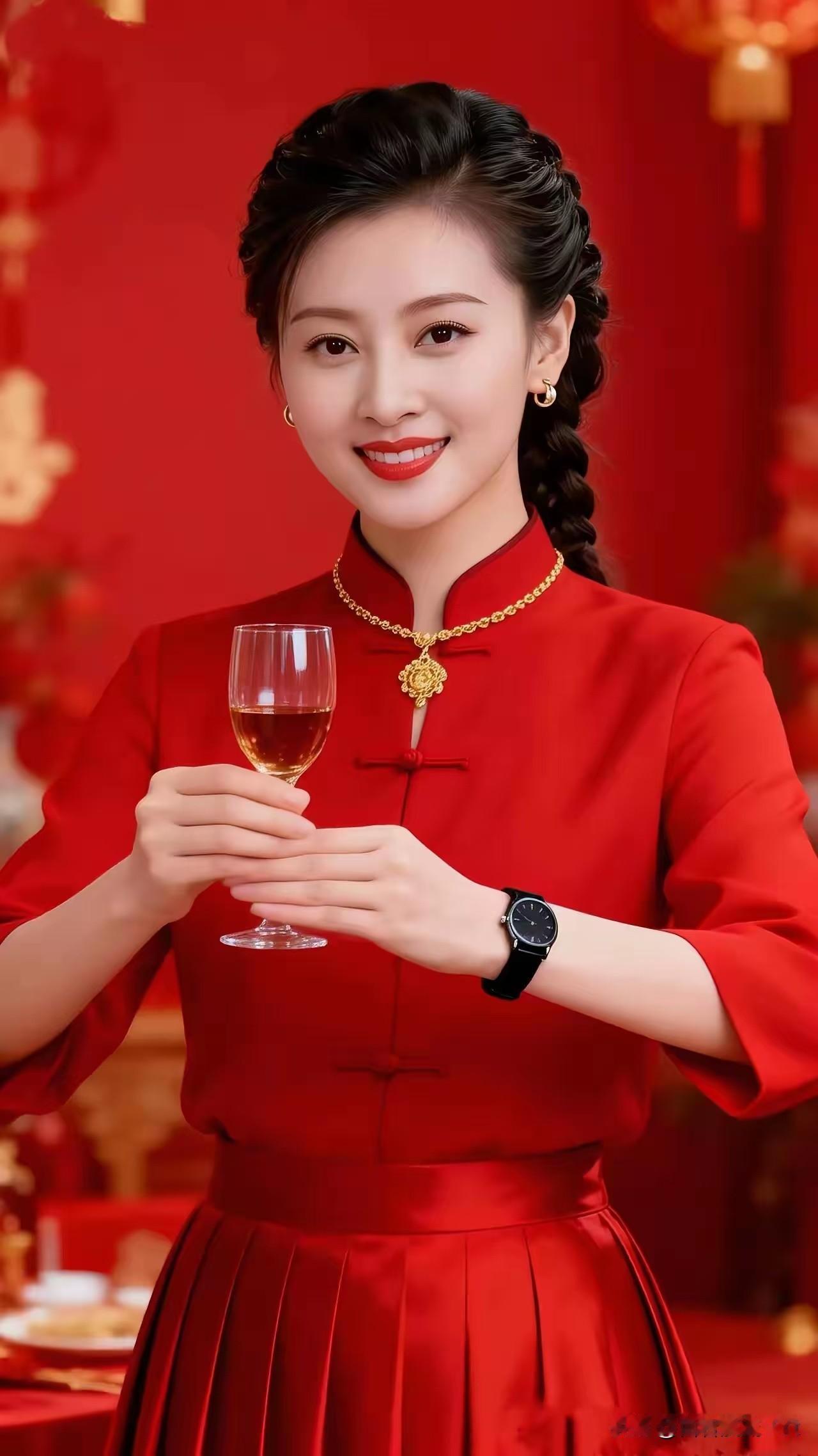 七律·红妆贺岁红衫映烛庆华年，翠缕金环照彩筵。玉腕轻持琥珀盏，明眸笑展春