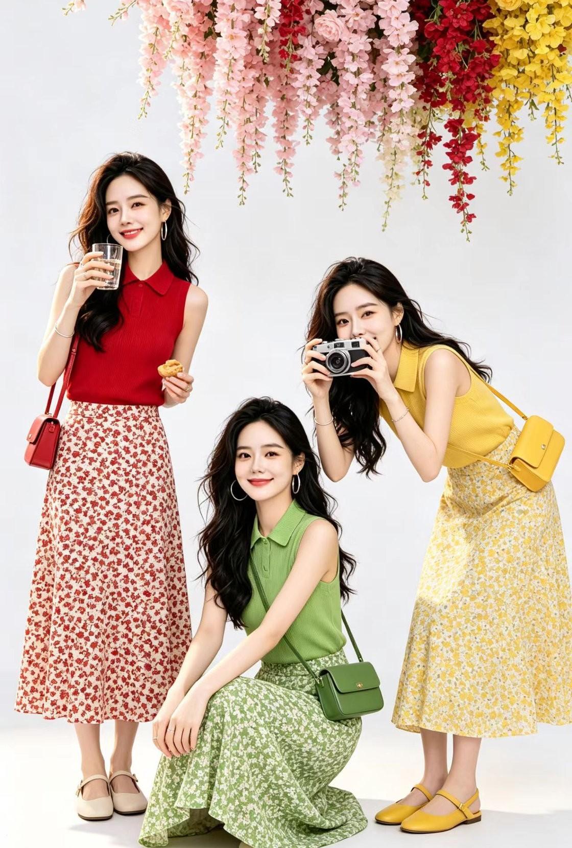 美女三人姿势不同，不同服装，颜值相同，发饰相同，不同的就是性格了，你能看出来谁的
