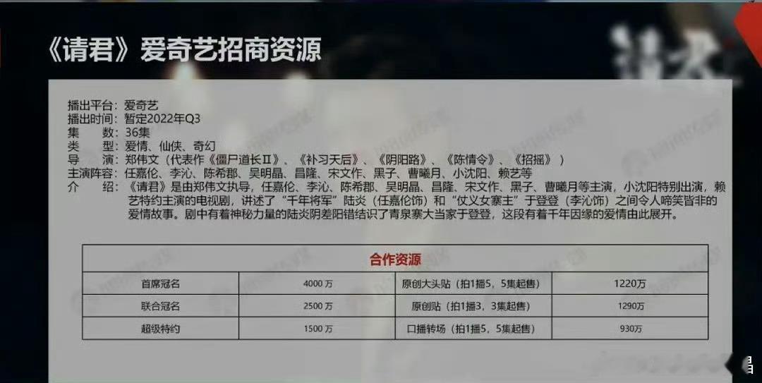 以任嘉伦主演的爱奇艺网剧《请君》为例来看看网剧招商价格，确实很贵，最便宜的口播转