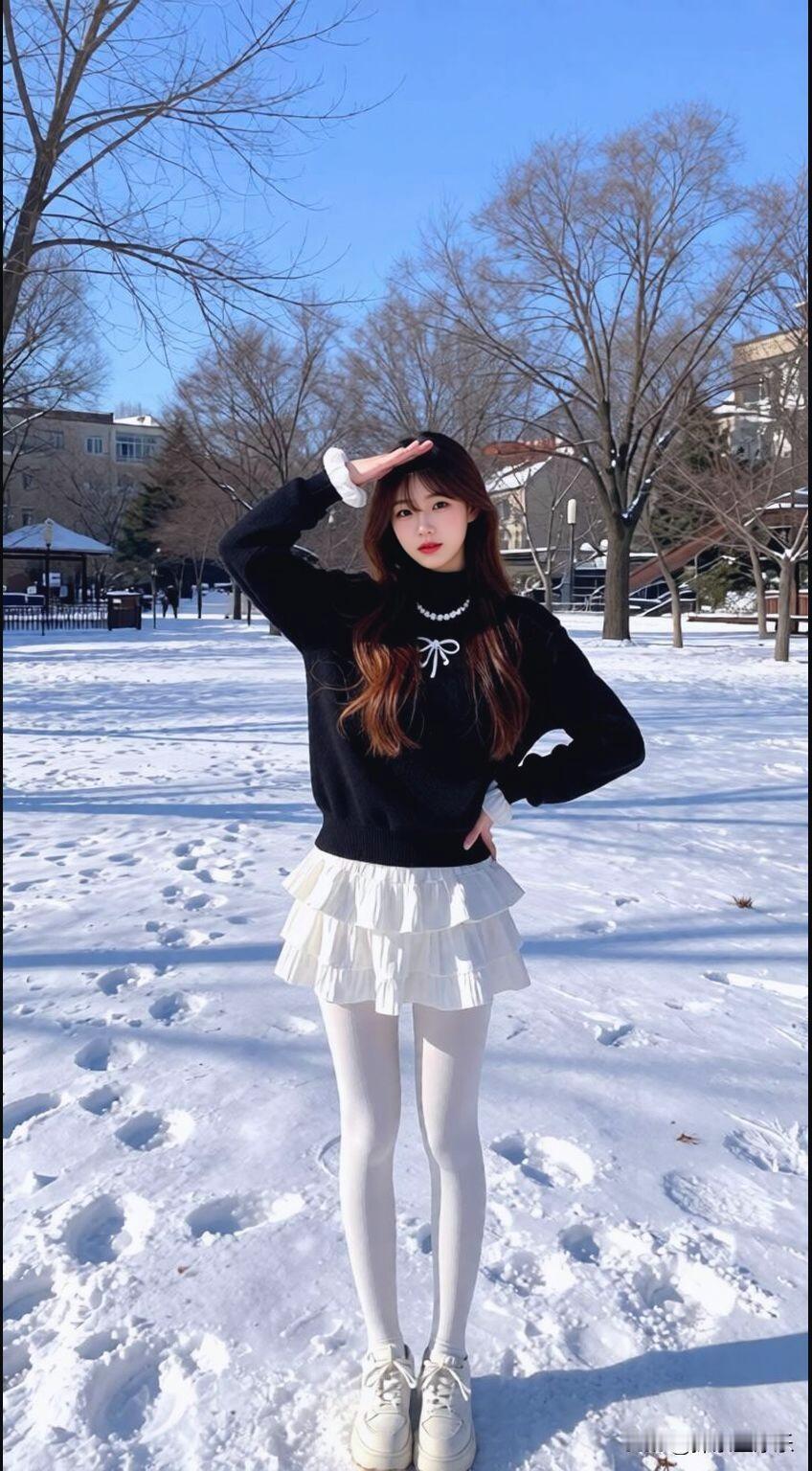 冬日雪景甜美少女，黑色毛衣搭配白色短裙，清新可爱，尽显甜美。穿搭有哪些女生日常