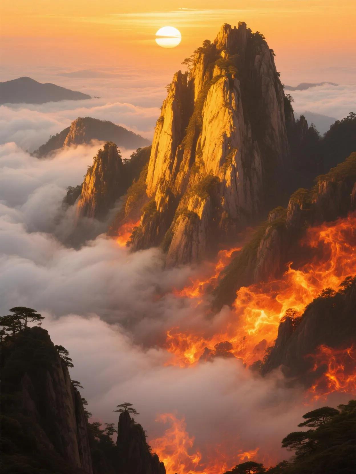 夕阳浸染黄山，峰峦巍峨似金山，云海翻涌若火海，壮美震撼直抵心灵。黄山顶峰看云海