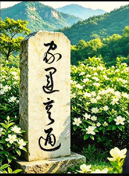 山间石碑四字草书，90%的人没法一眼认全青山栀子花丛中的这块石碑，竖排四字草