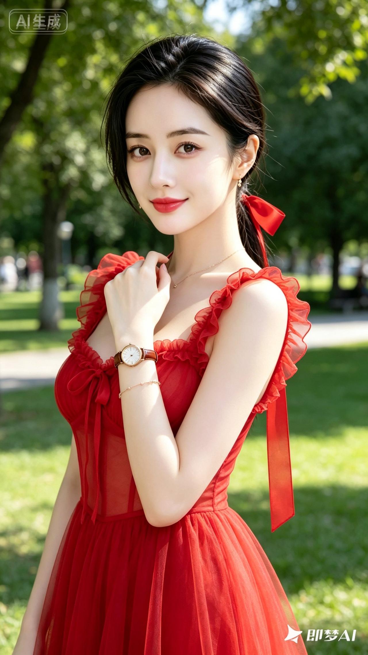 夏日红裙少女，公园里的甜美时光🌸💃