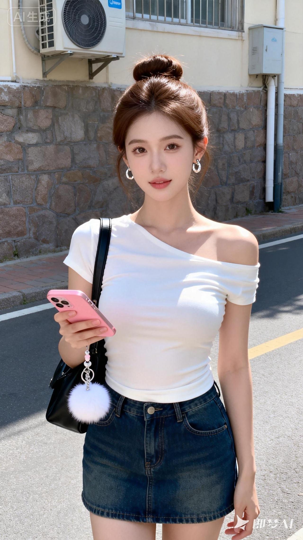 中国年轻女性，棕色盘发，佩戴耳环，穿着白色单侧露肩上衣、深蓝色牛仔短裙，斜挎黑色