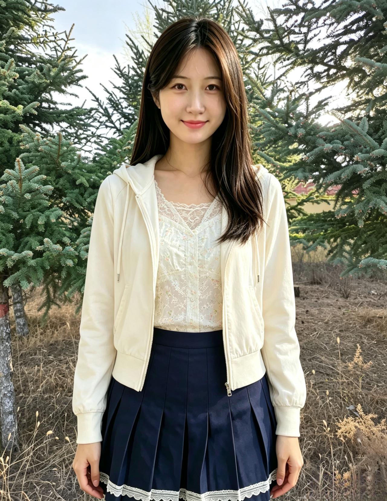 浅笑春风软，清眸落浅光。衣轻林影里，温婉自生香。
