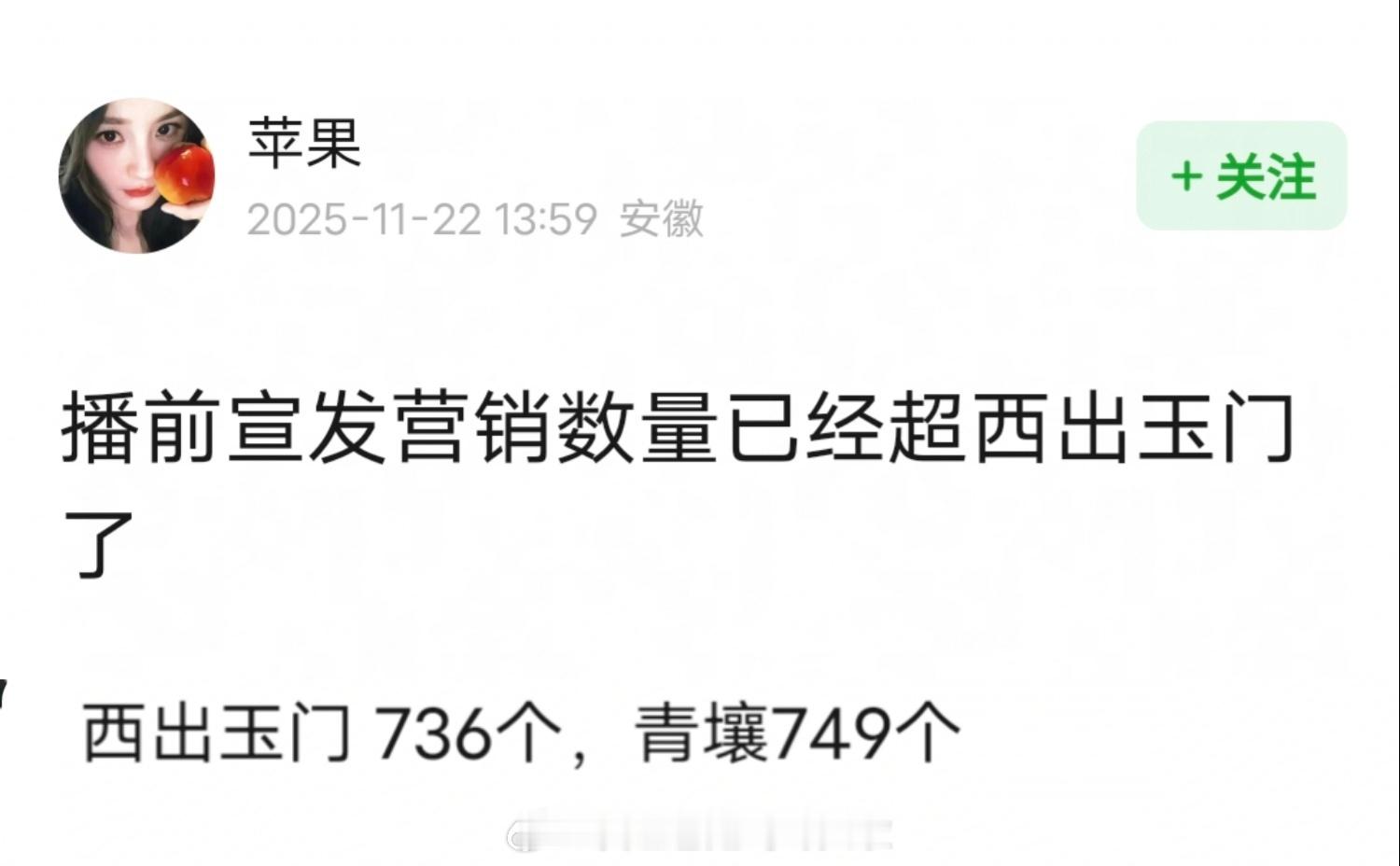 《枭起青壤》开播前的宣发营销数量，已经超过《西出玉门》全网热搜数，青壤749个，