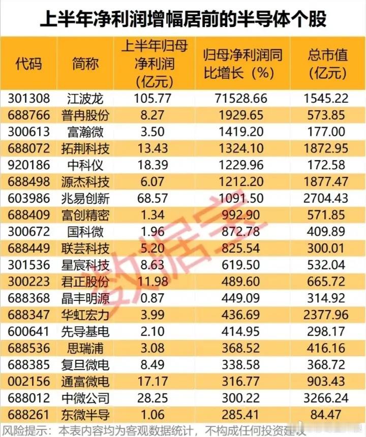上半年净利润增幅居前的半导体股票​​​