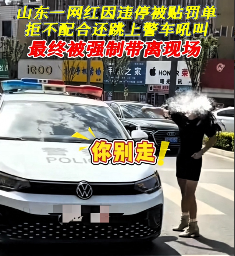“简直太疯狂了！”山东菏泽，39岁女网红大街上违章停车被罚200元，竟然爬上警车