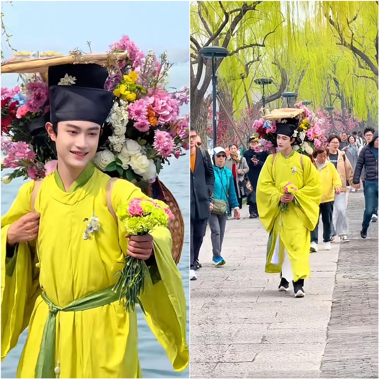 谁懂啊！西湖这位卖花郎哪里是在卖花，分明是从《清明上河图》里走出来的活风