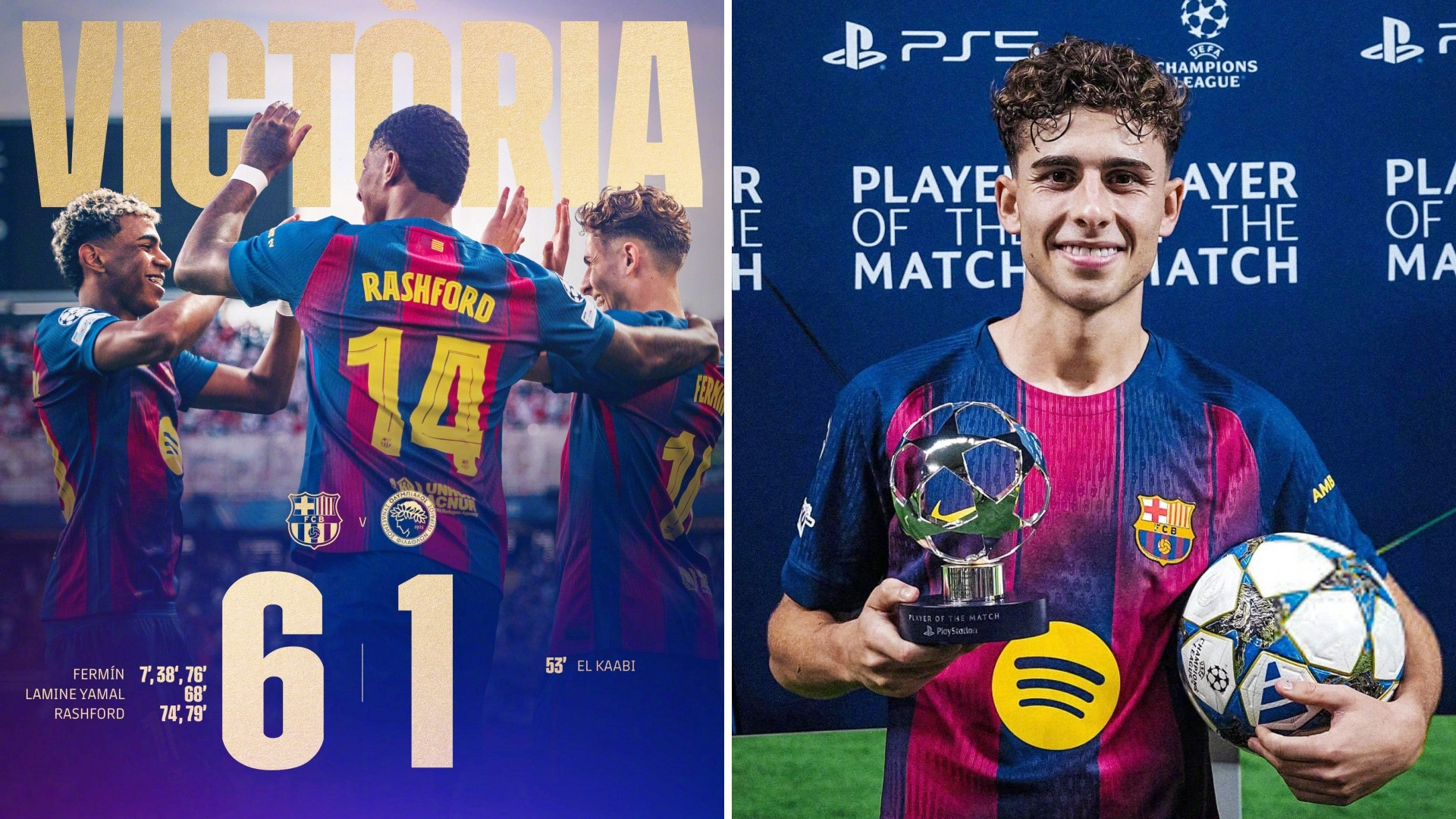 欧冠：巴塞罗那6-1大胜十人奥林匹亚科斯，各项赛事三连胜。费尔明完成戴帽，拉什