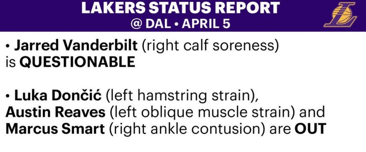 湖人明日伤病报告：范德比尔特（右小腿酸痛）出战成疑。东契奇、里夫斯、斯玛特缺席湖