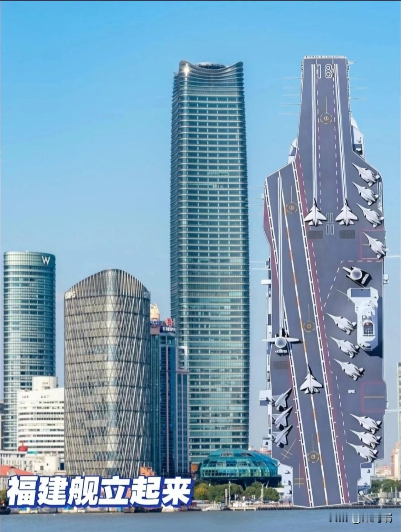 福建舰是一艘巨大的航空母舰。它的全长约为320米（1,049.87英尺），满载排