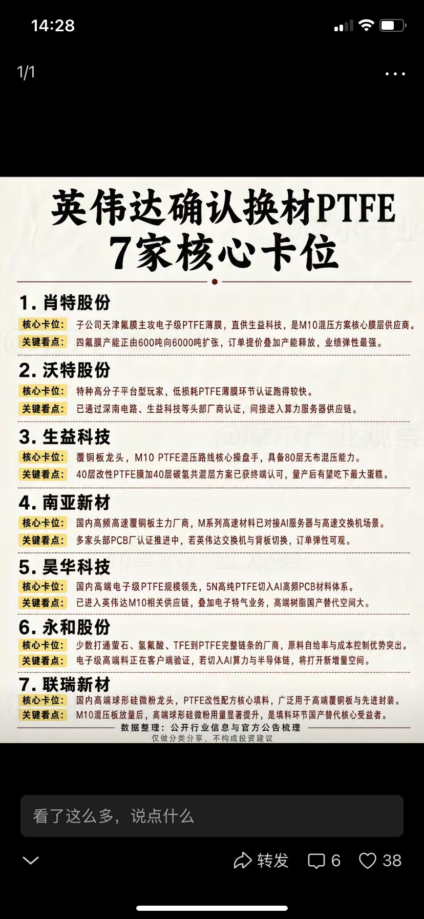 英伟达确认换材PTFE，7家核心卡位企业。英伟达确认换材PTFE，这消息一出来，