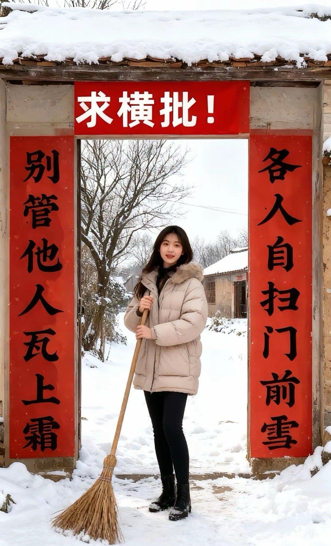 求高手对横批！黑龙江有一位美女在门口写了一幅对联，横批20多天了还没有人对出来。