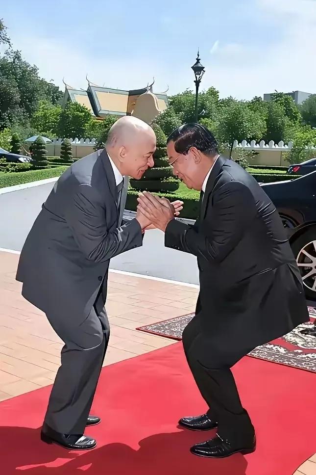 洪森与西哈莫尼相互谦让，这一幕真是让人引俊不禁。其实，作为柬埔寨幕后真正的掌权者