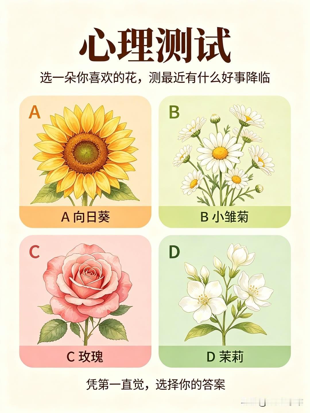 选一朵你喜欢的花，测最近有什么好事降临凭第一直觉，选择你的答案