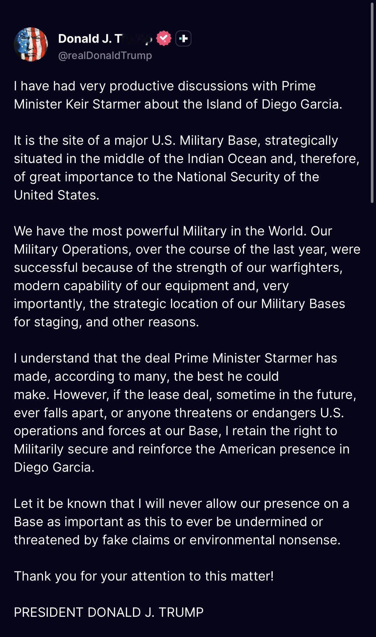 🚨特朗普就迭戈加西亚岛发出严厉警告特朗普总统刚刚发文称：他与英国首相基尔