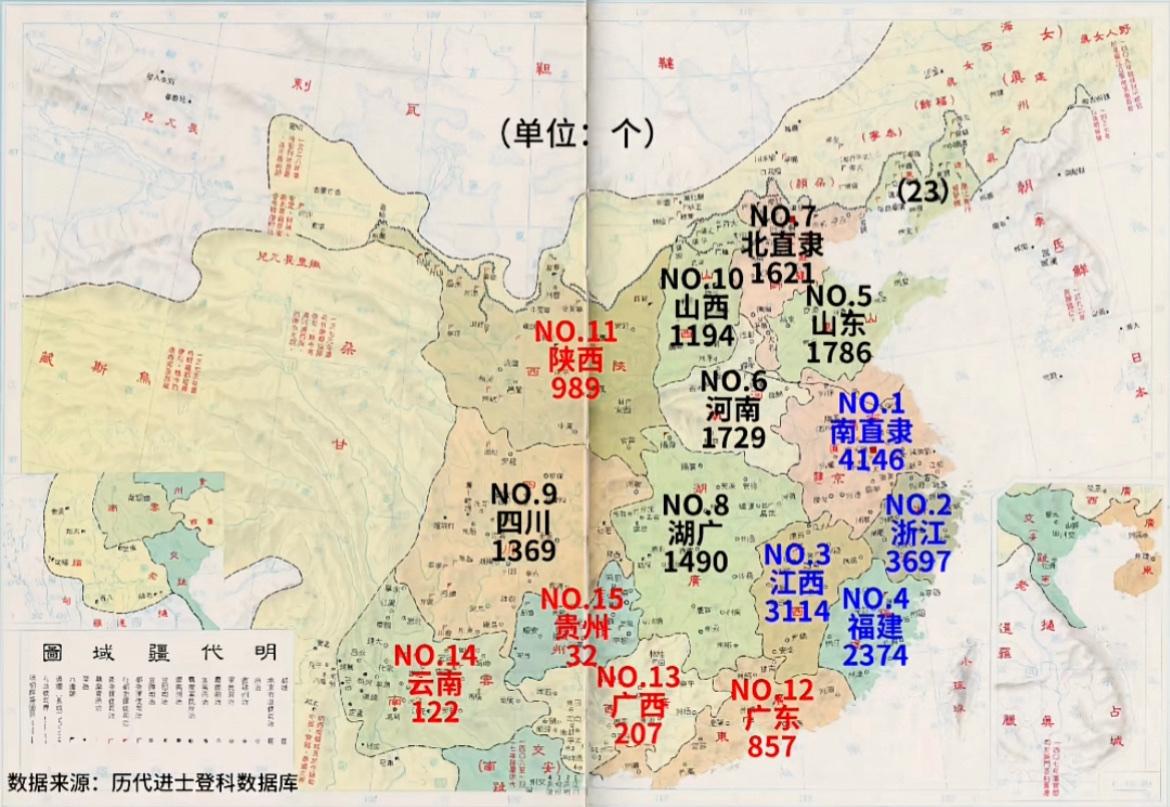 明代进士数量图，南直隶的进士最多，有4146名进士。北直隶只有1621名进士，排
