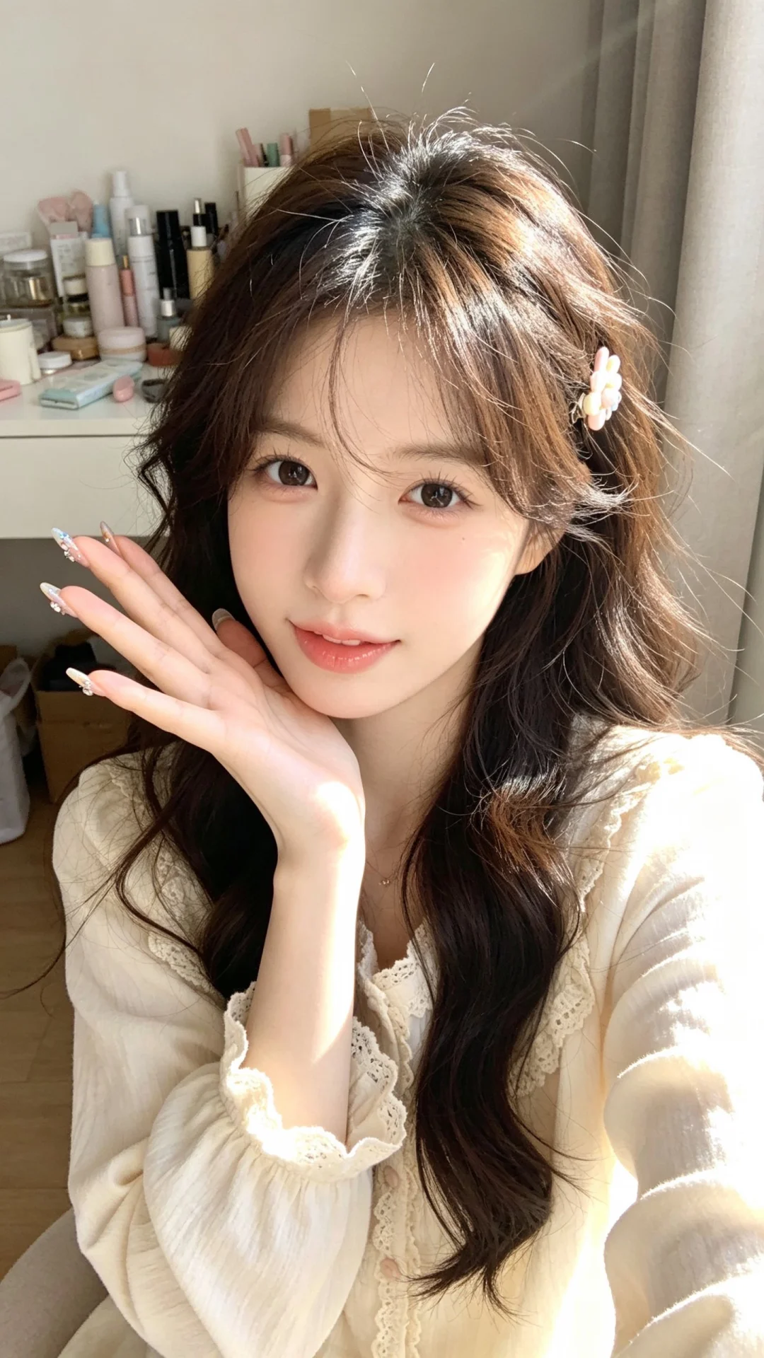一位长发飘飘模样可爱的女生，尽显生活中的绚丽日常，人像摄影，日常快照风...