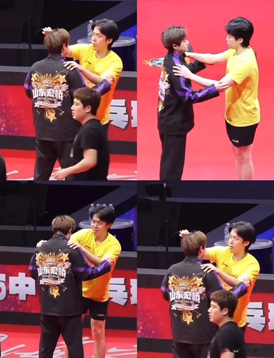 王楚钦热身的时候顺便给曹巍做个新发型，这俩在一块儿太逗了。昨天大家都蛐蛐曹巍的