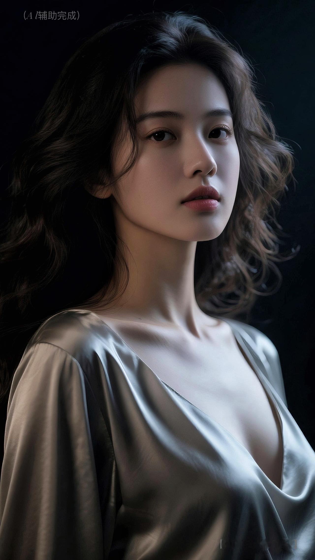 墨色卷发展露风情，缎面华裳泛着柔光，深V轻曳优美肩颈。暗境中，她眼含星芒、唇若绛