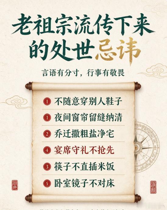 玄学提醒:老祖宗流传下来的处世忌讳1. 不要随意穿别人穿过的鞋子，气场容易交错混杂。2. 夜间入睡，