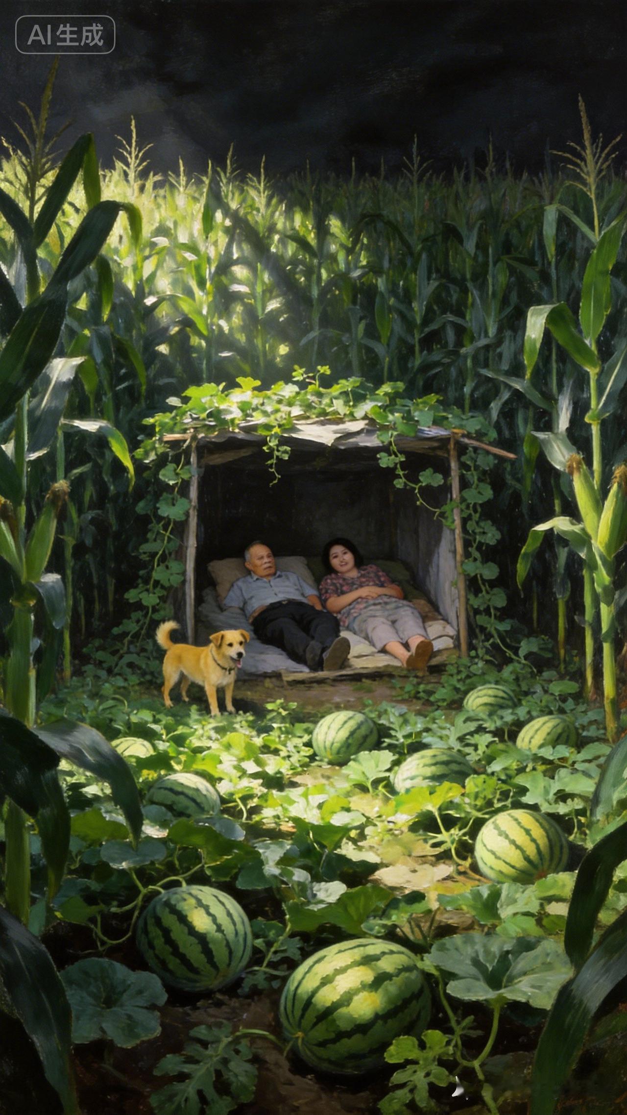 爷爷和奶奶在田间小屋午睡，狗在旁边守护。