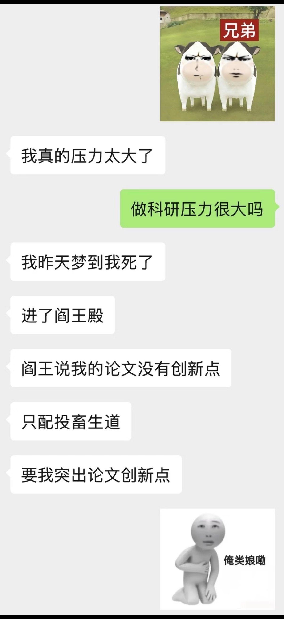 刚刷到一个科研狗的噩梦：梦到自己死了，阎王说论文没有创新点，只配投畜生道。让